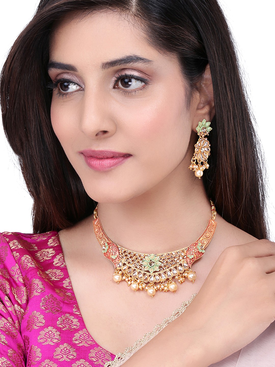 

Yellow Chimes Gold-Plated White Stone-Studded & Beige Beaded Sustainable Meenakari Jewellery Set