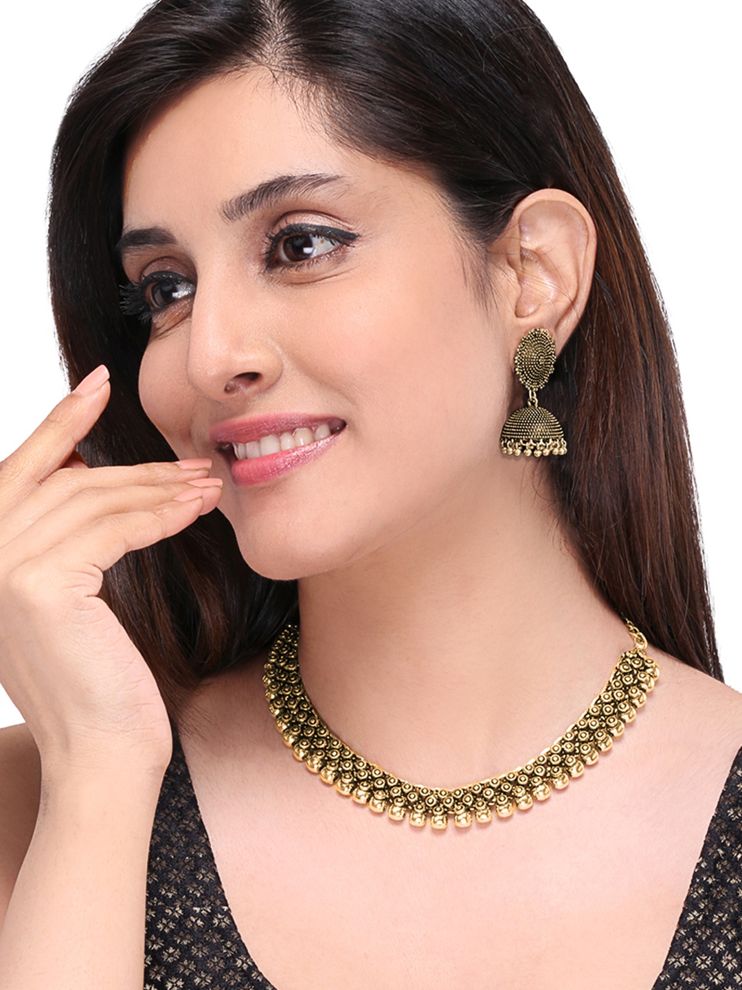 

Yellow Chimes Oxidised Gold-Toned Kolhapuri Work Handcrafted Jewellery Set