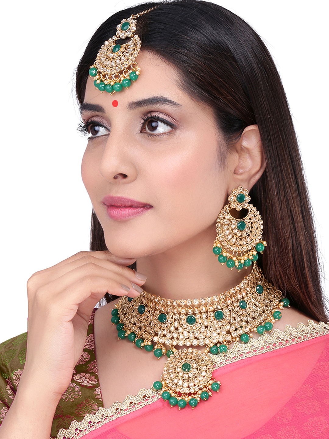 

Yellow Chimes Gold-Plated Green Kundan-Studded & Beaded Handcrafted Sustainable Jewellery Set