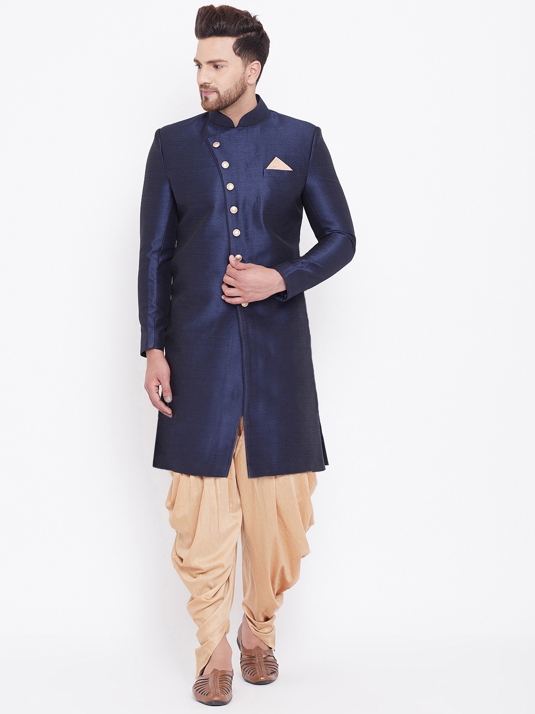 

VASTRAMAY Men Navy Blue & Beige Solid Sherwani Set