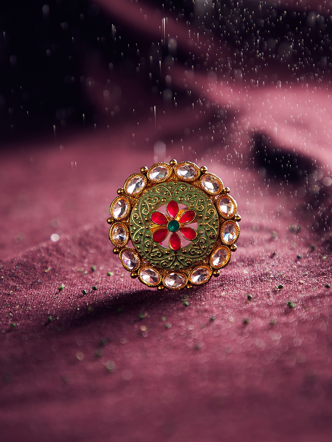 

PANASH Gold-Plated White & Green Kundan-Studded Hand-Painted Adjustable Cocktail Finger Ring