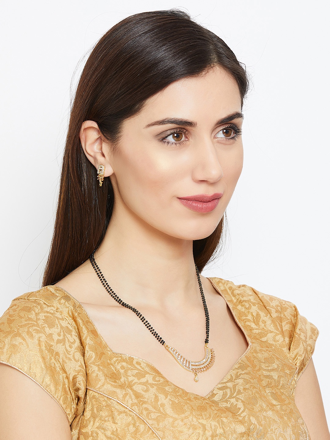 

PANASH Gold-Plated CZ-Studded Black Beaded Mangalsutra With Earrings