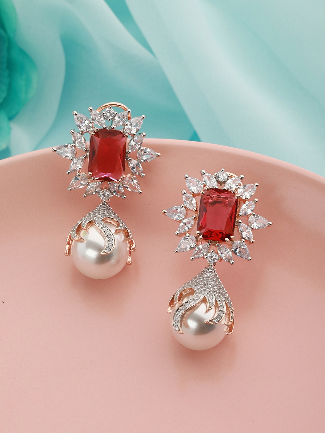 

Saraf RS Jewellery Red Rose-Gold Plated Handcrafted Contemporary Drop Earrings