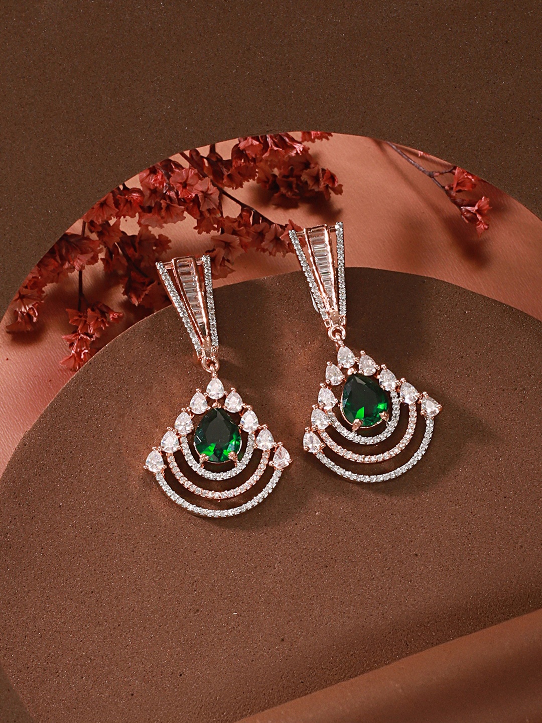 

Saraf RS Jewellery Rose Gold-Plated & Green Contemporary Drop Earrings