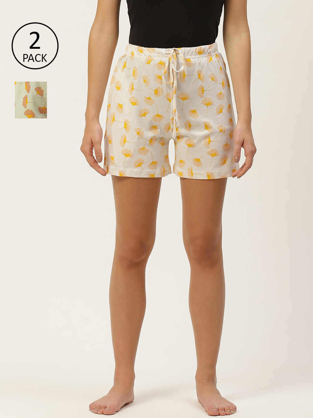 

ETC Women Pack of 2 Pure Cotton Printed Lounge Shorts, Off white