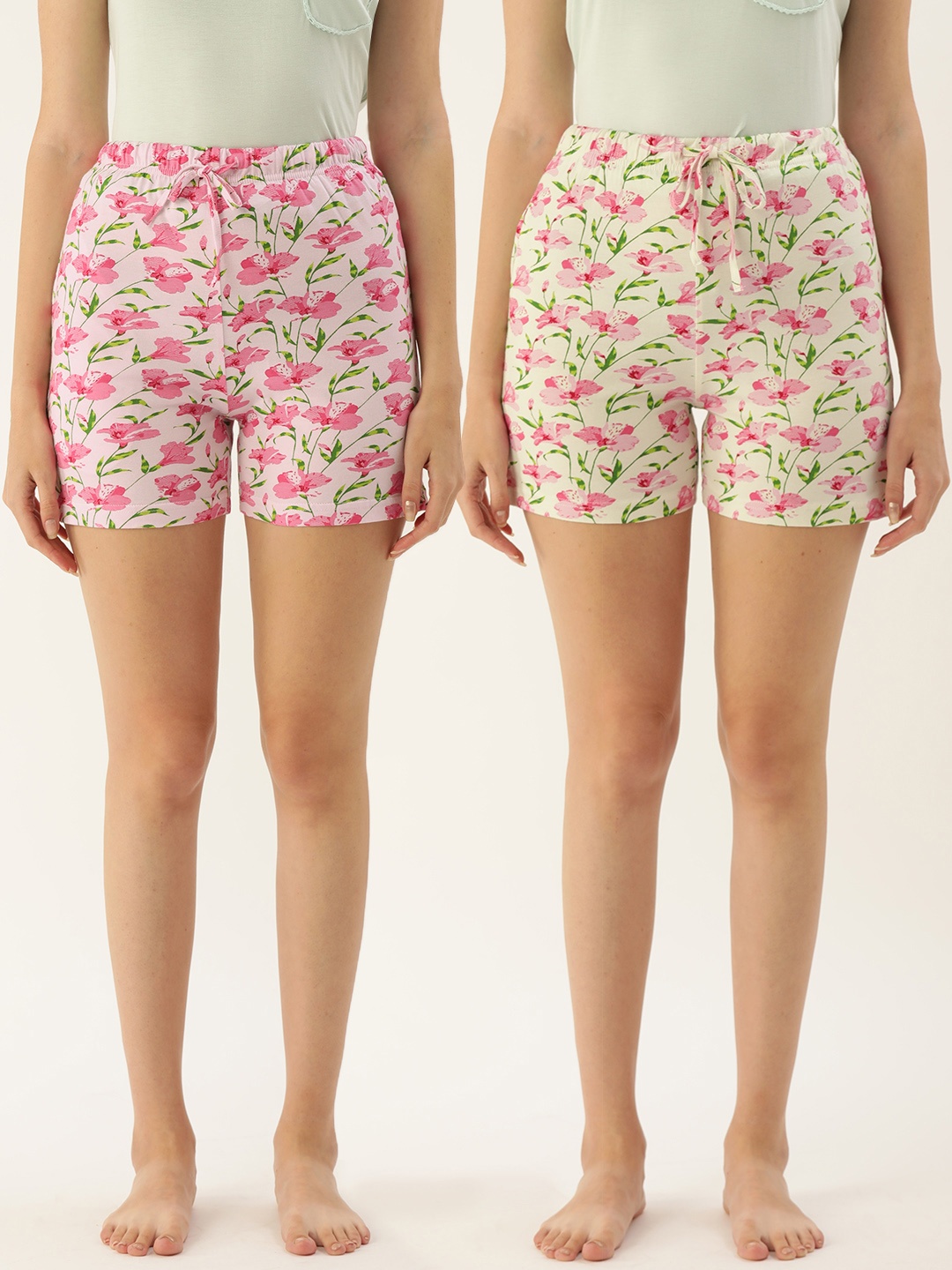 

ETC Women Pack Of 2 Pink & Cream-Coloured Printed Lounge Shorts
