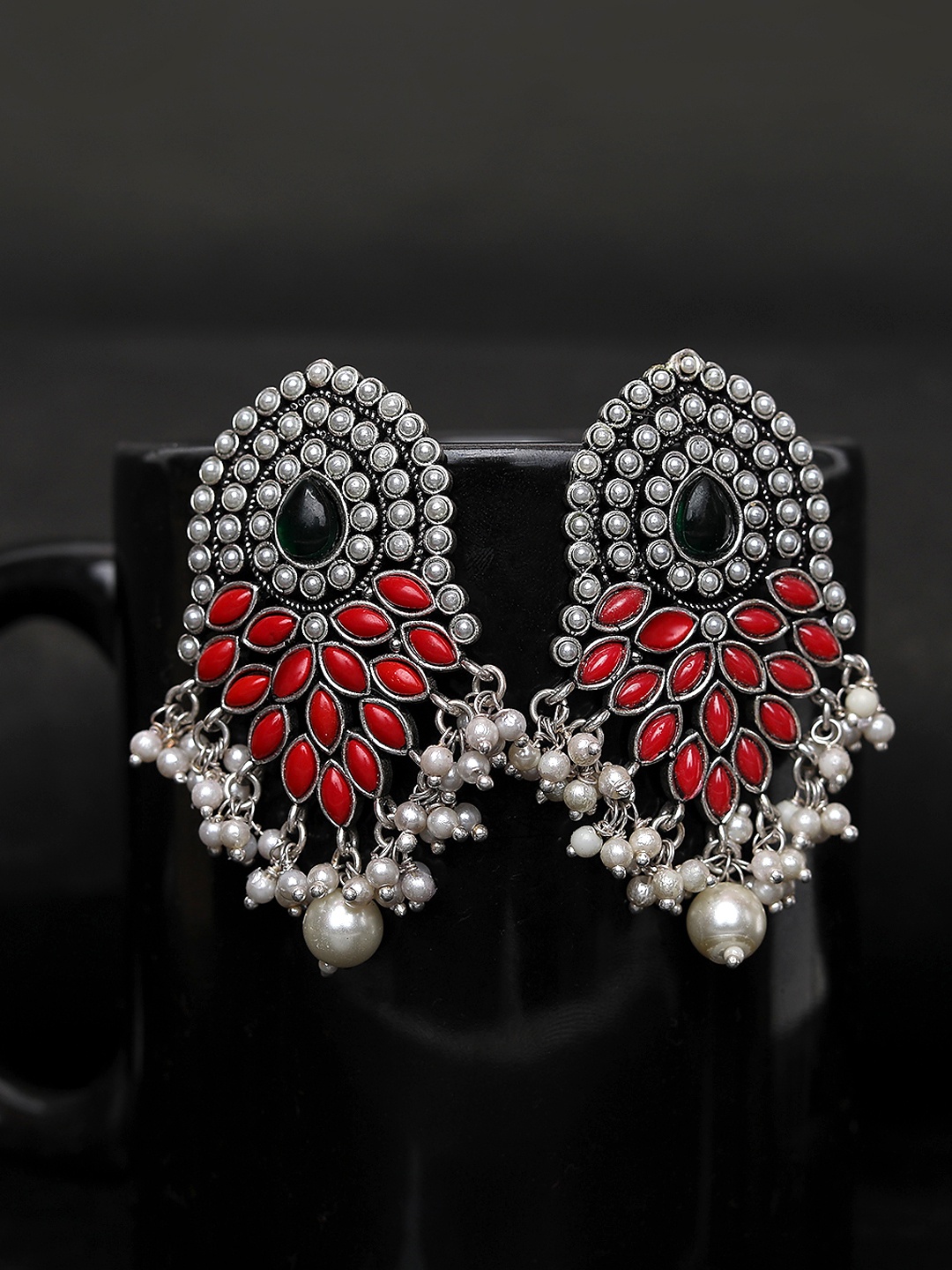 

Yellow Chimes Red Silver-Plated Oxidized Contemporary Drop Earrings