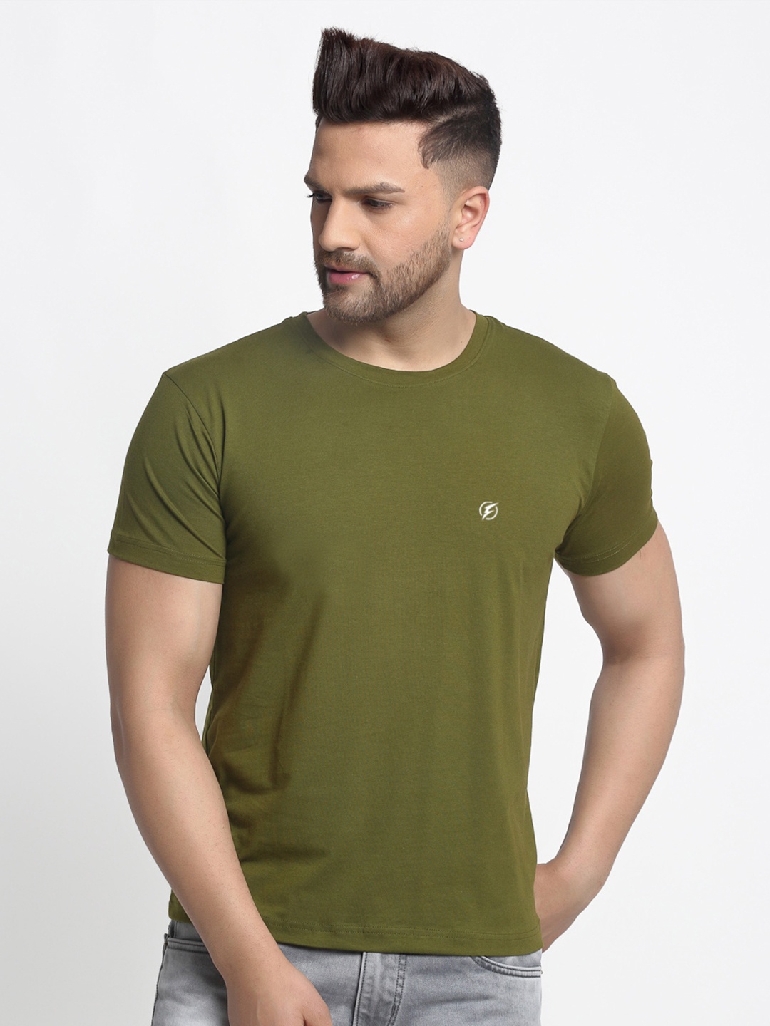 

Friskers Men Olive Green Solid Round Neck T-shirt