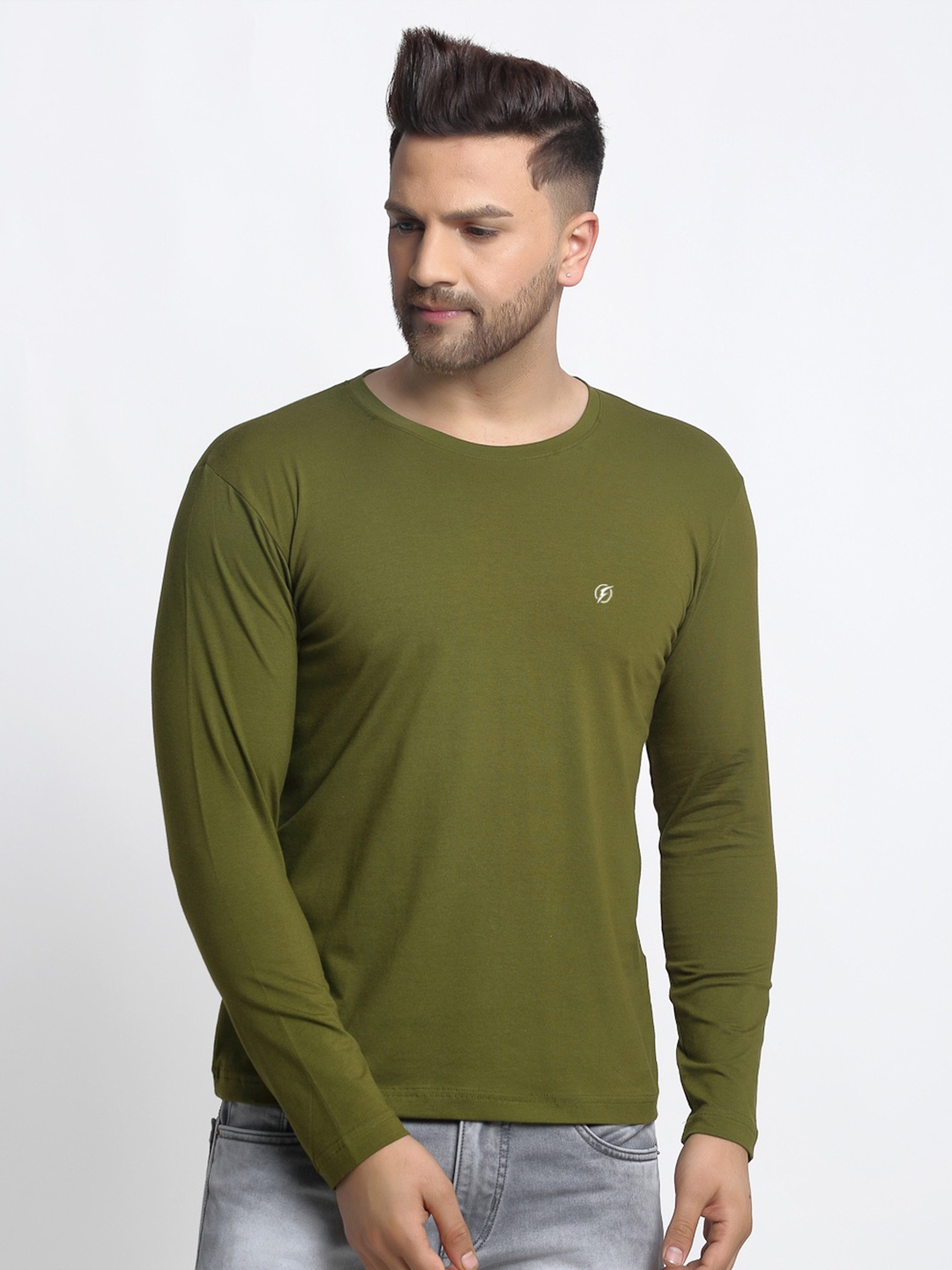 

Friskers Men Olive Green Solid Round Neck T-shirt