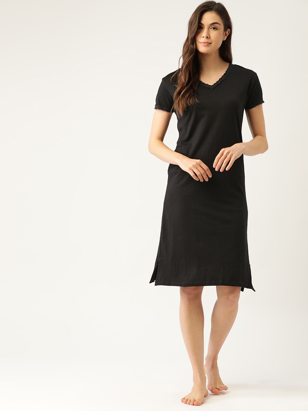 

ETC Women Black Solid Pure Cotton Nightdress