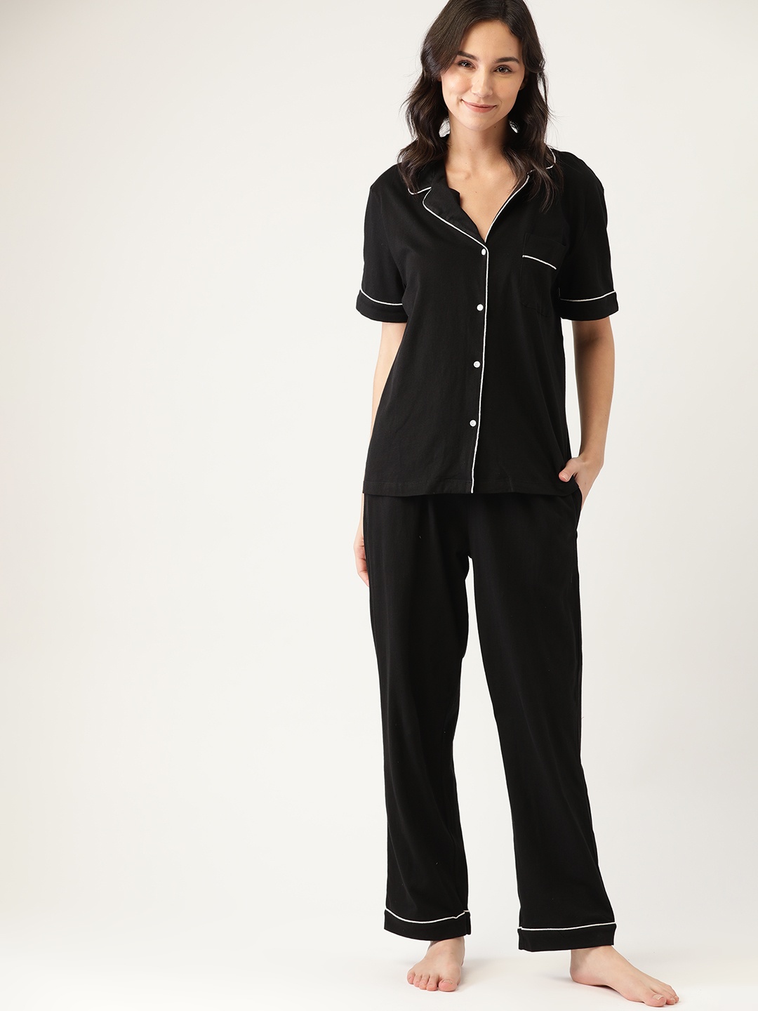 

ETC Women Black Pure Cotton Solid Night suit