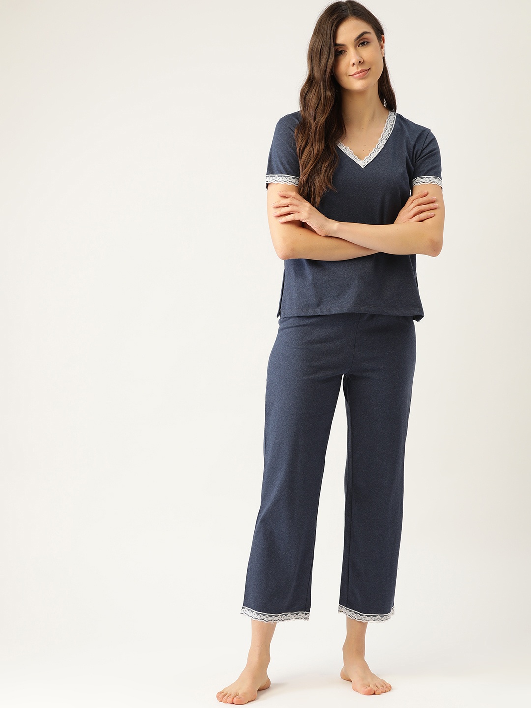 

ETC Women Navy Blue Solid Melange Effect Night suit with Lace Detail