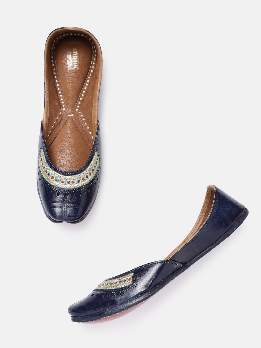 

Anouk Women Navy Blue & Gold-Toned Embroidered Handcrafted Mojaris