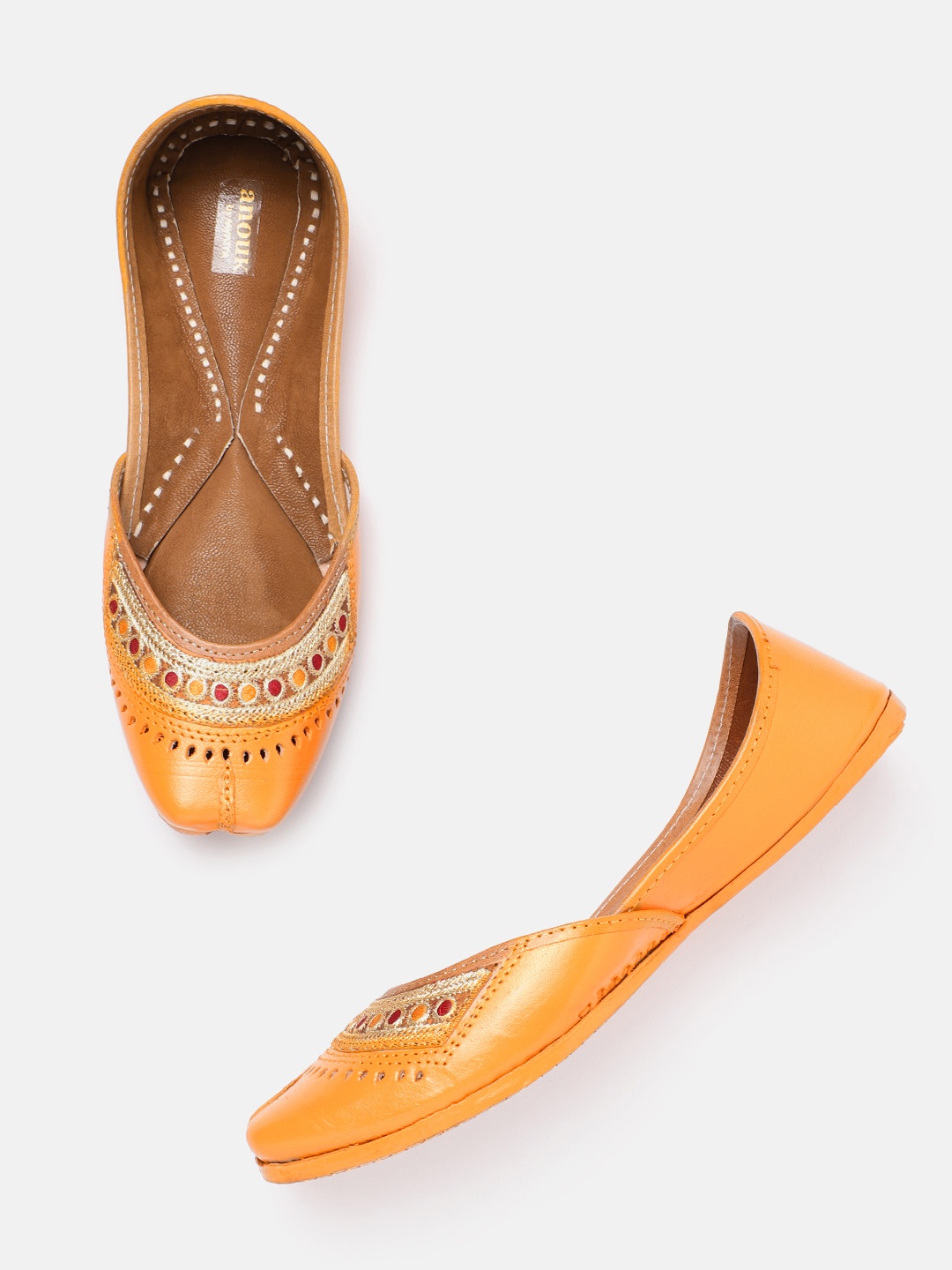 

Anouk Women Mustard Yellow Embroidered Mojaris with Laser Cuts Flats