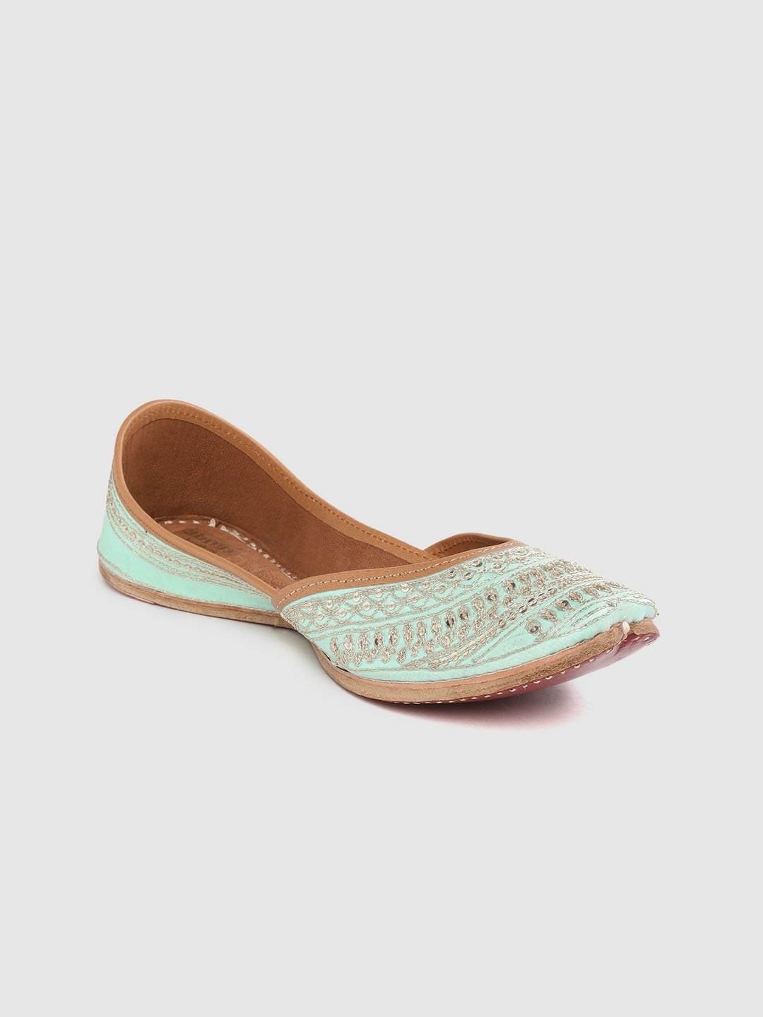 

Anouk Women Sea Green & Gold-Toned Embellished Handcrafted Mojaris