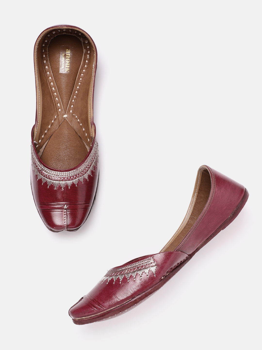 

Anouk Women Burgundy & Silver-Toned Embroidered Mojaris