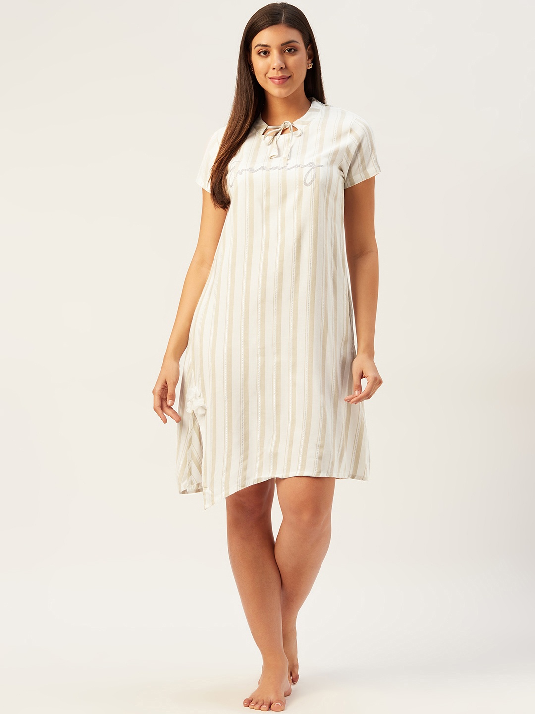 

Sweet Dreams Off-White & Beige Striped Asymmetric Hem Knee Length Nightdress