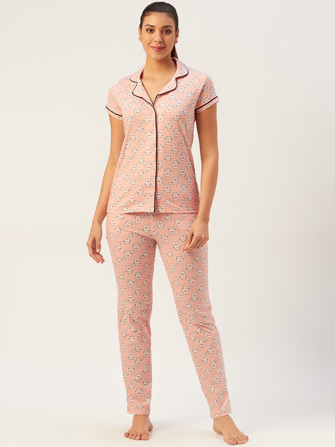 

Sweet Dreams Women Peach-Coloured & White Printed Pure Cotton Night suit