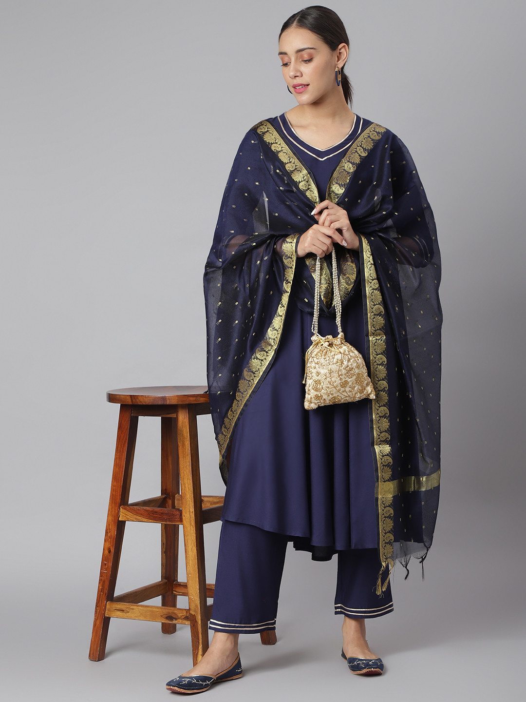 

Khushal K Women Navy Blue Solid Kurta with Palazzos & Dupatta