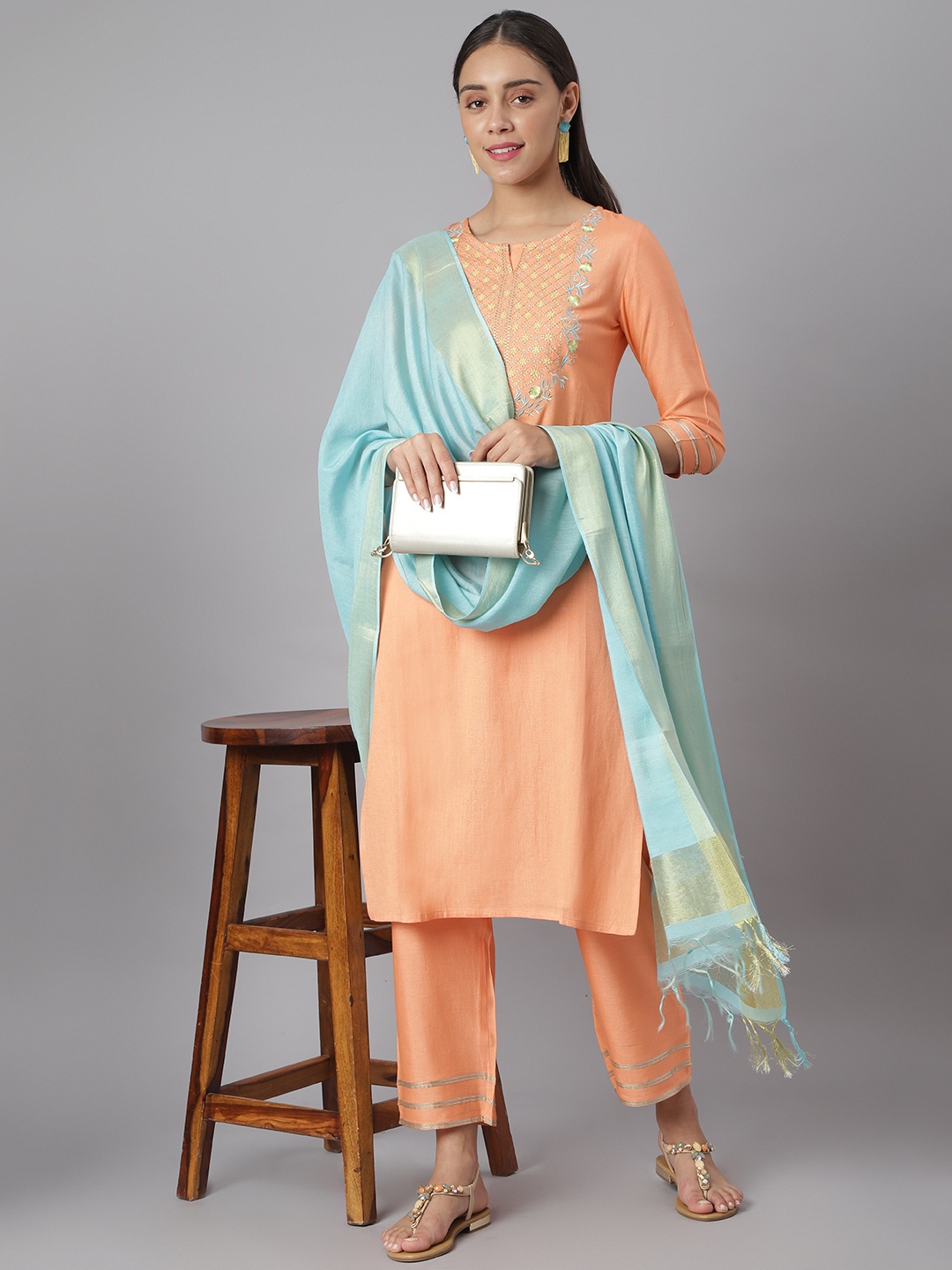 

Khushal K Women Orange & Blue Yoke Design Embroidered Kurta with Trousers & Dupatta