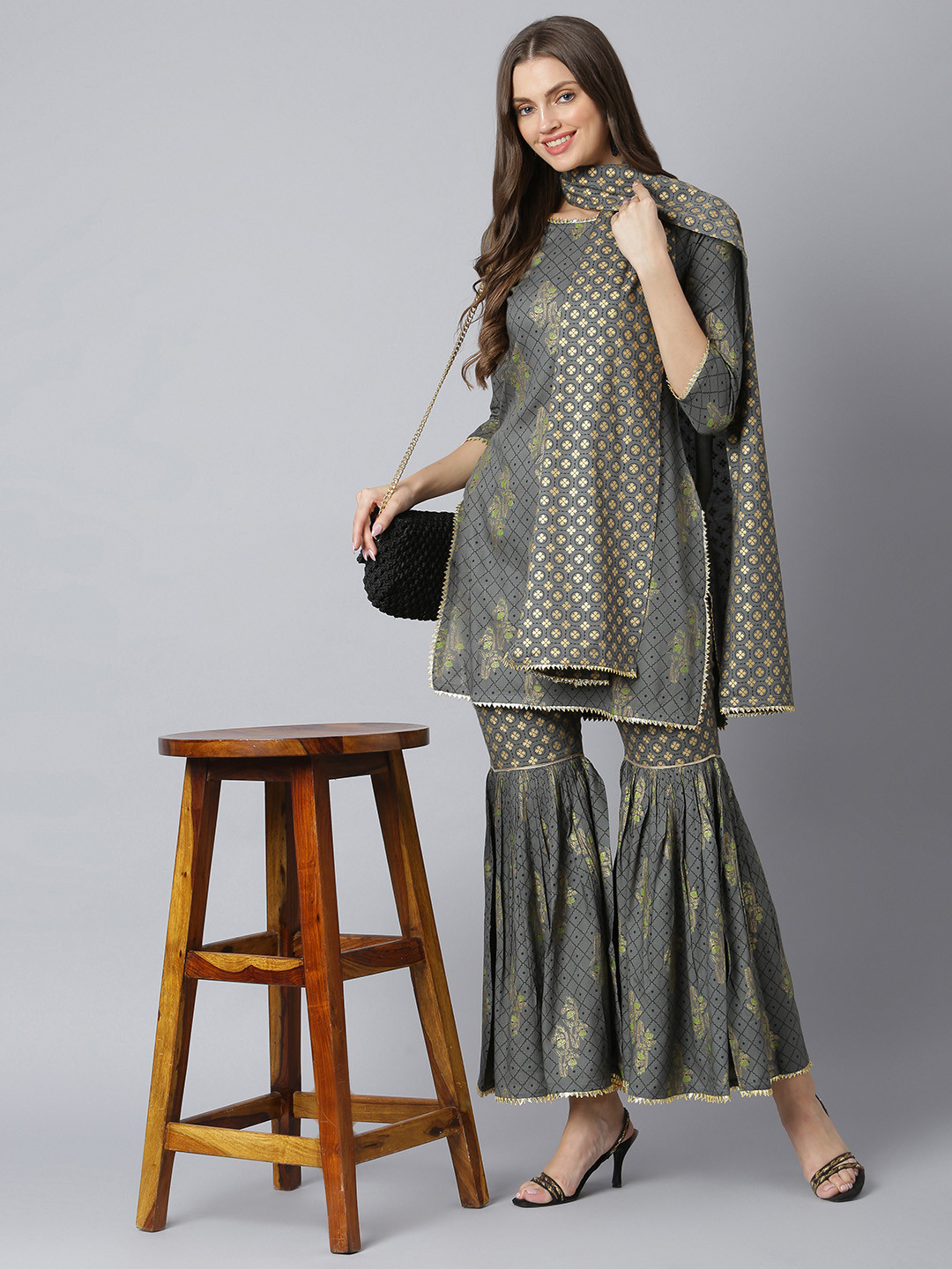 

Khushal K Women Grey Woven Design Kurta with Sharara & Dupatta