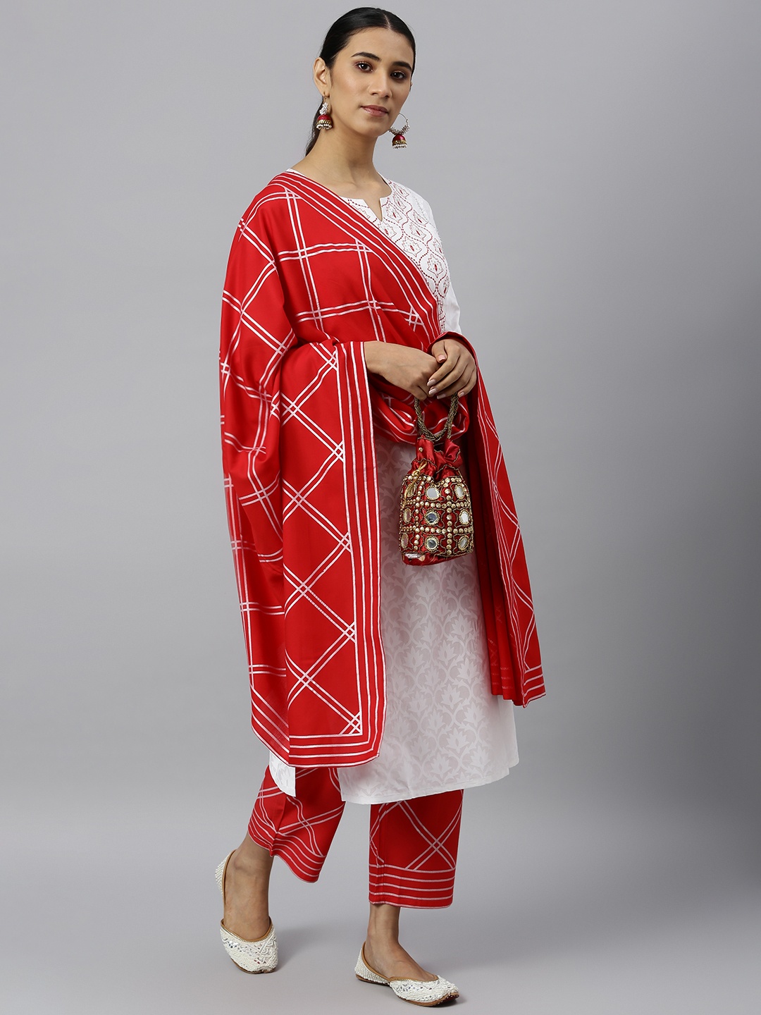 

Khushal K Women White & Red Printed Kurta with Trousers & Dupatta