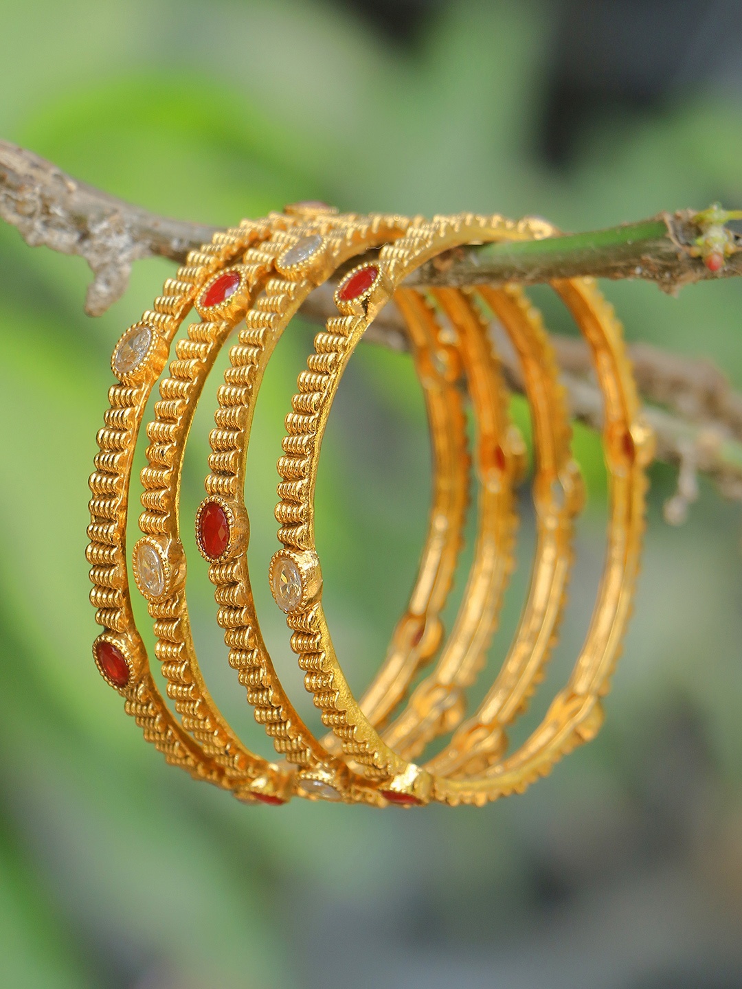 

Adwitiya Collection Set OF 4 24K Gold-Plated White & Maroon Stone-Studded Handcrafted Bangles