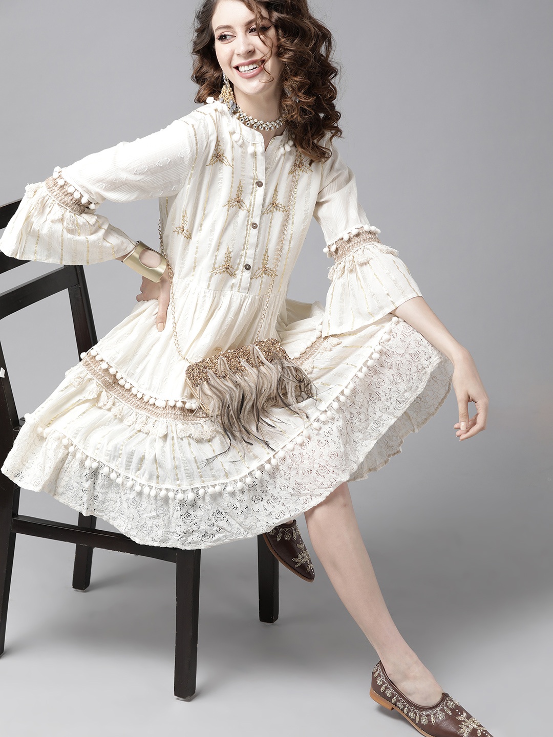 

Ishin Off-White Pure Cotton Striped A-Line Dress