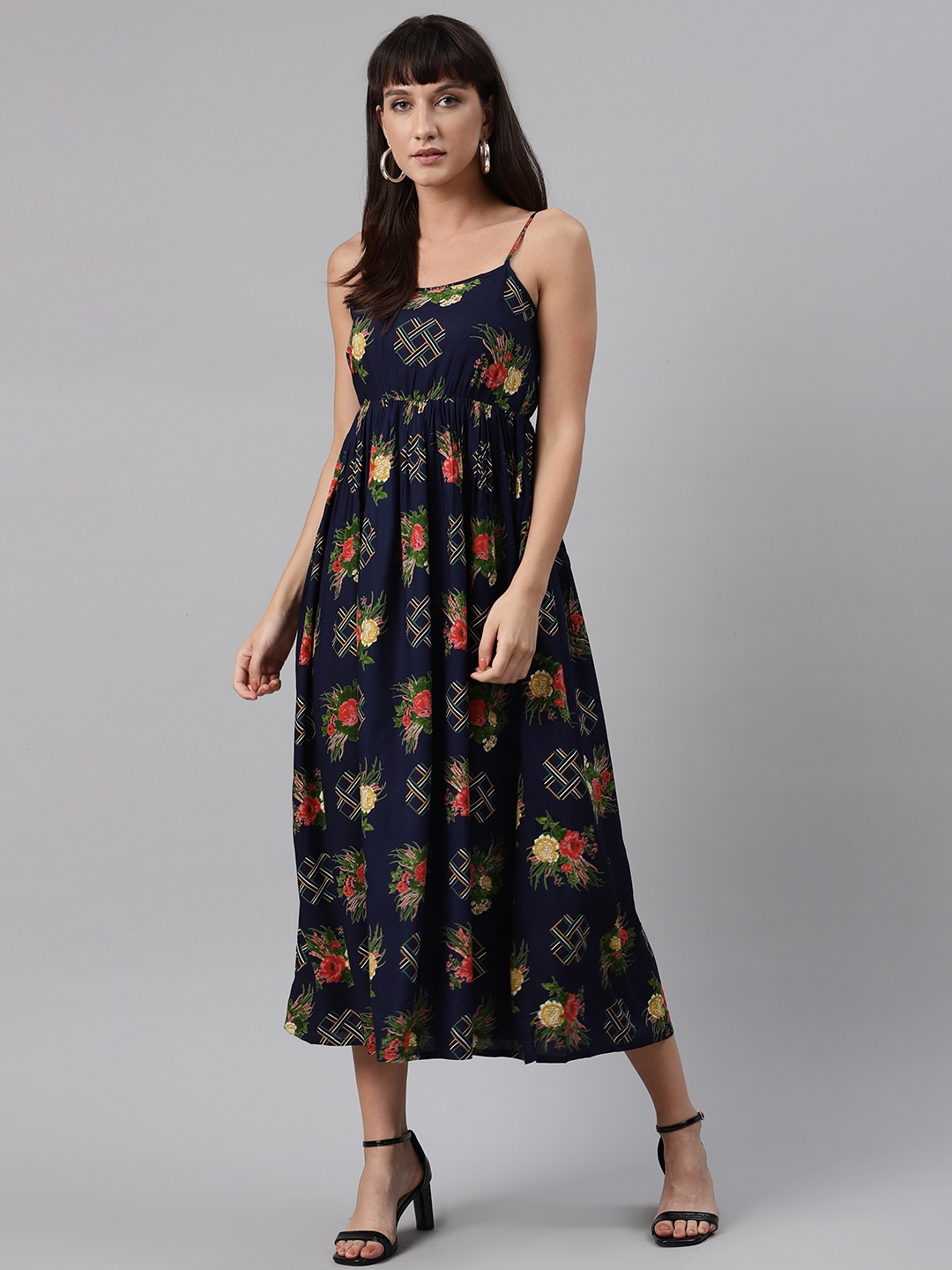 

Meeranshi Women Navy Blue & Red Liva Floral Print Maxi Dress