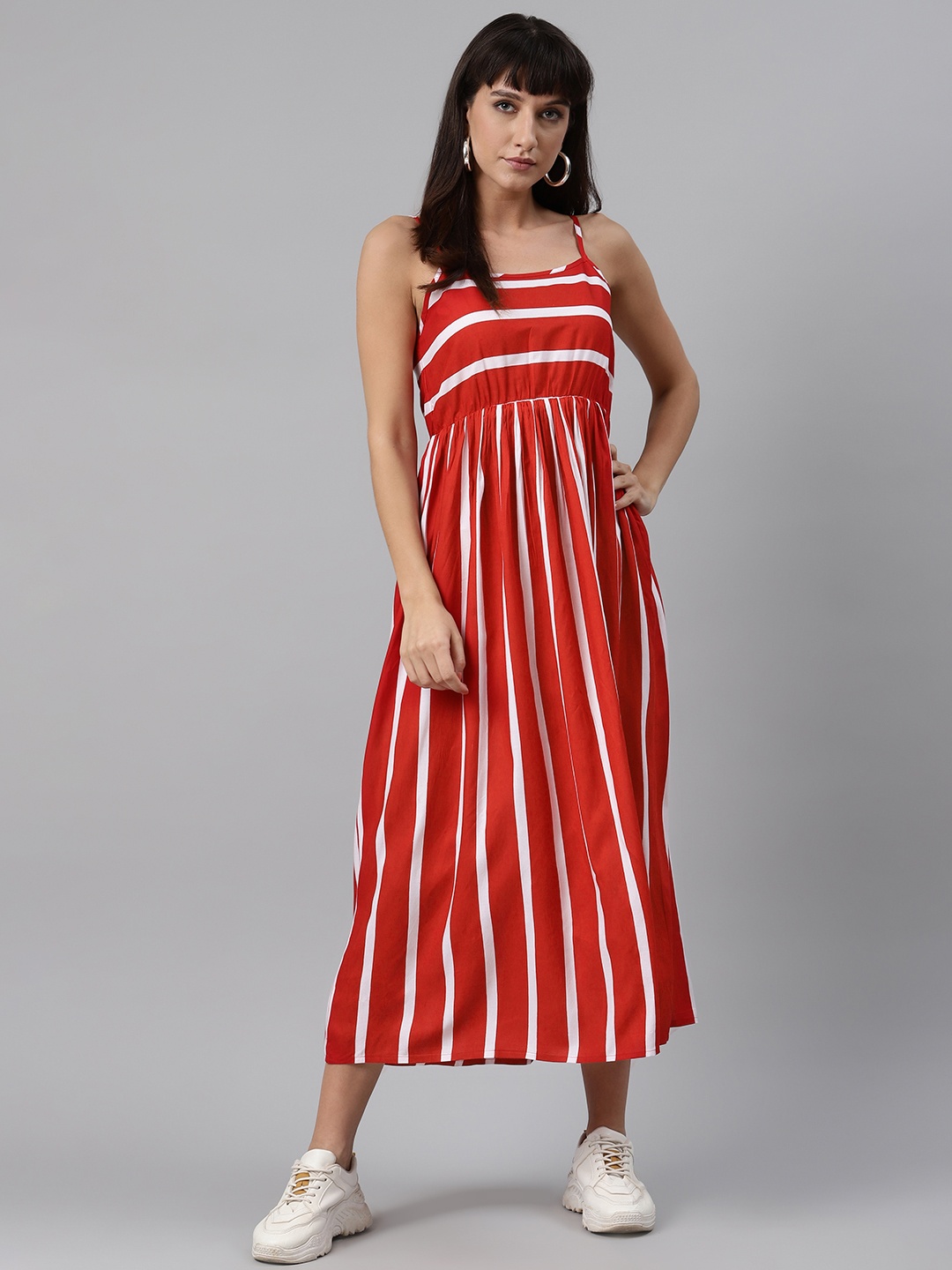 

Meeranshi Women Red & White Liva Striped Maxi Dress