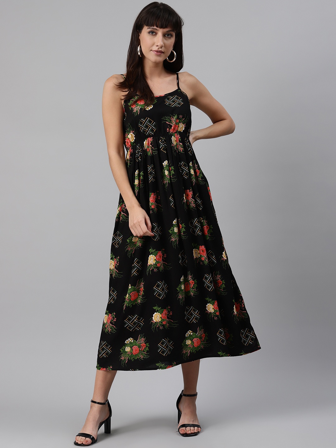 

Meeranshi Women Black & Green Liva Floral Print Maxi Dress