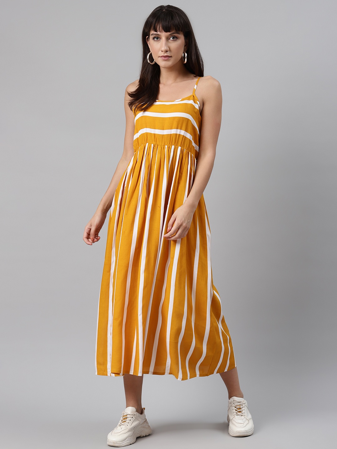 

Meeranshi Women Mustard Yellow & White Liva Striped Maxi Dress