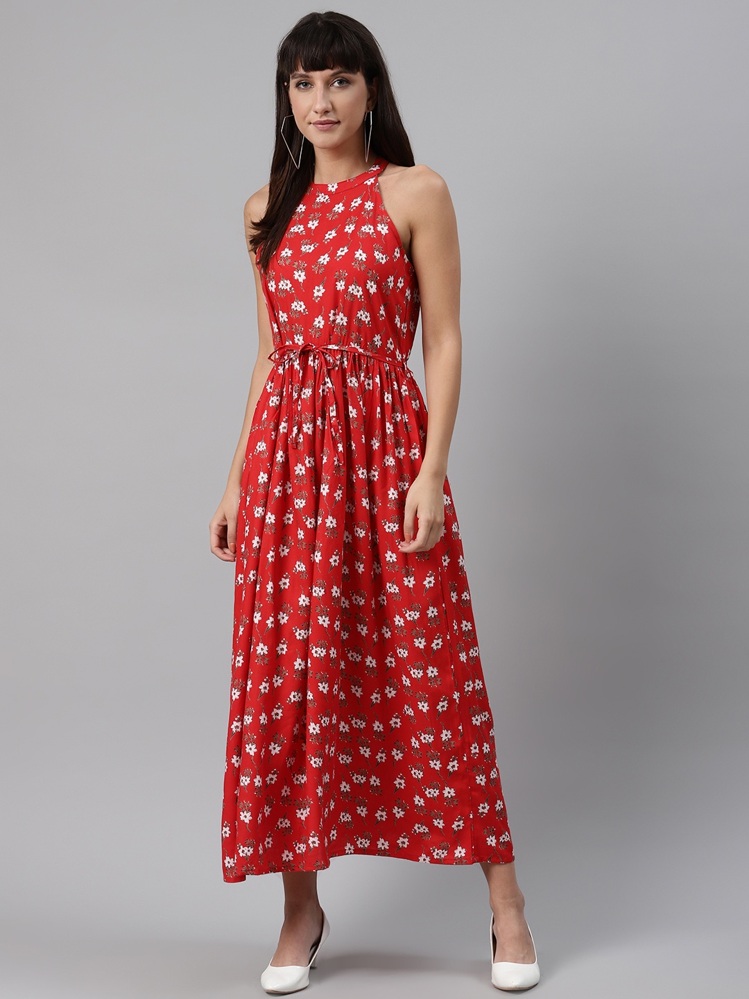 

Meeranshi Women Red & White Liva Floral Print Maxi Dress