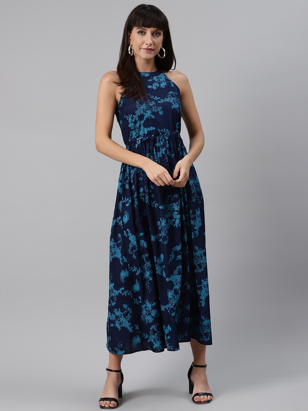 

Meeranshi Women Blue Liva Floral Print Maxi Dress