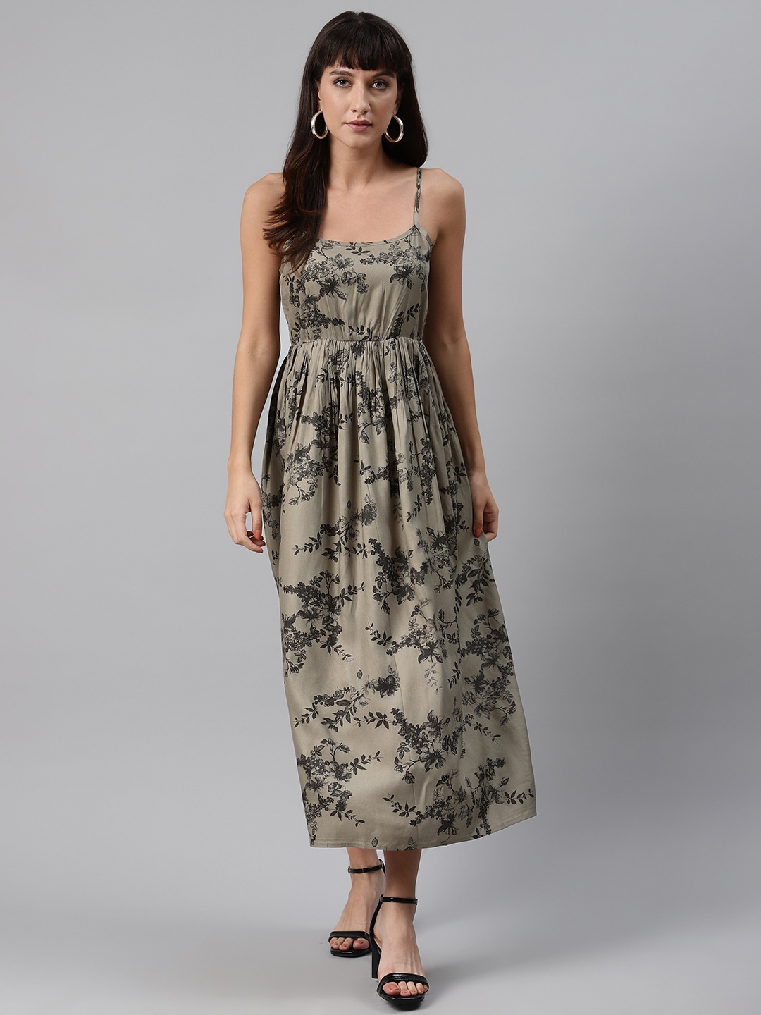 

Meeranshi Women Taupe & Black Liva Floral Print Maxi Dress