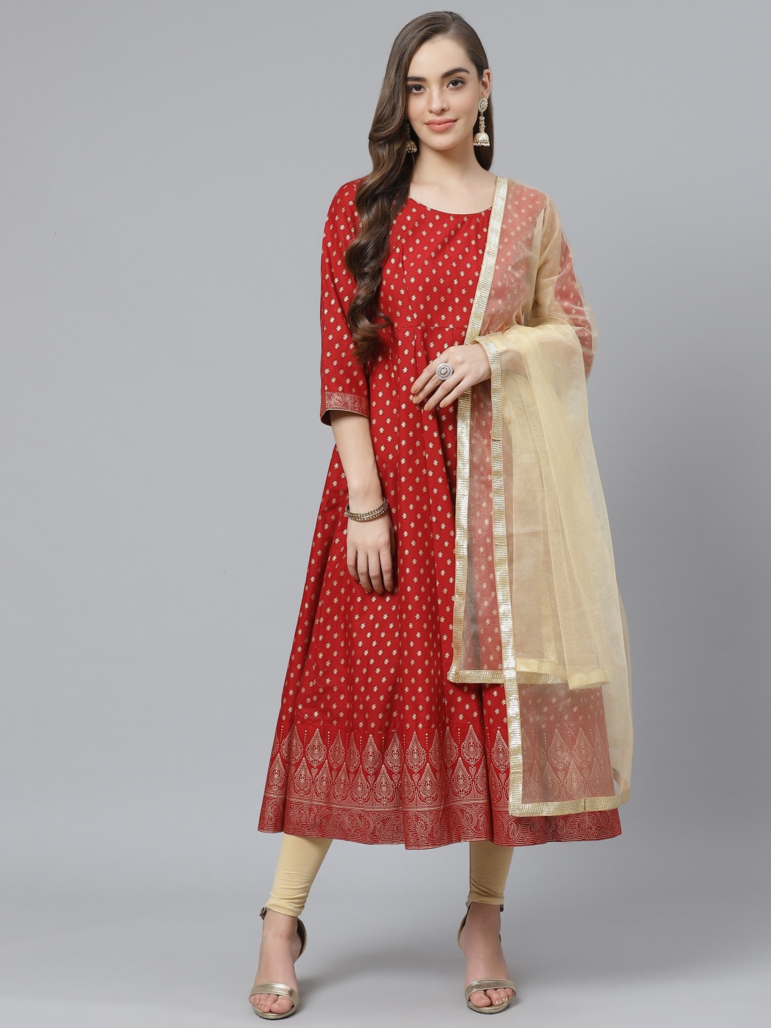 

Poshak Hub Women Maroon & Beige Ethnic Motif Print Kurta with Churidar & Dupatta