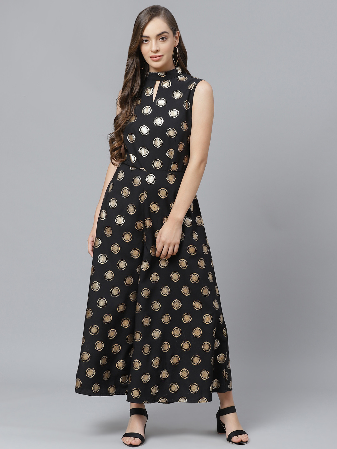 

Poshak Hub Women Black & Golden Printed Basic Jumpsuit
