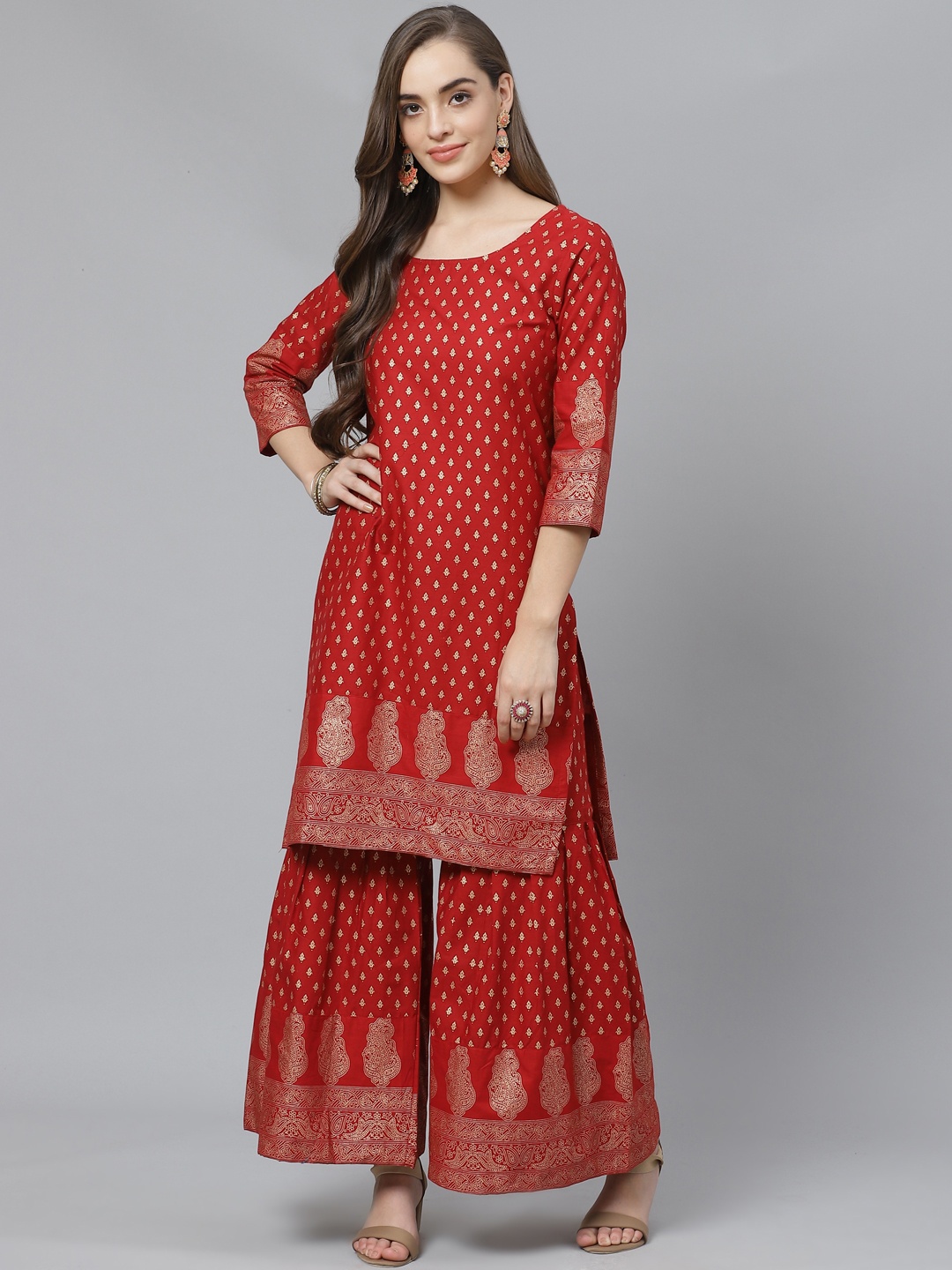 

Poshak Hub Women Maroon & Golden Cotton Ethnic Motif Print Kurta with Sharara