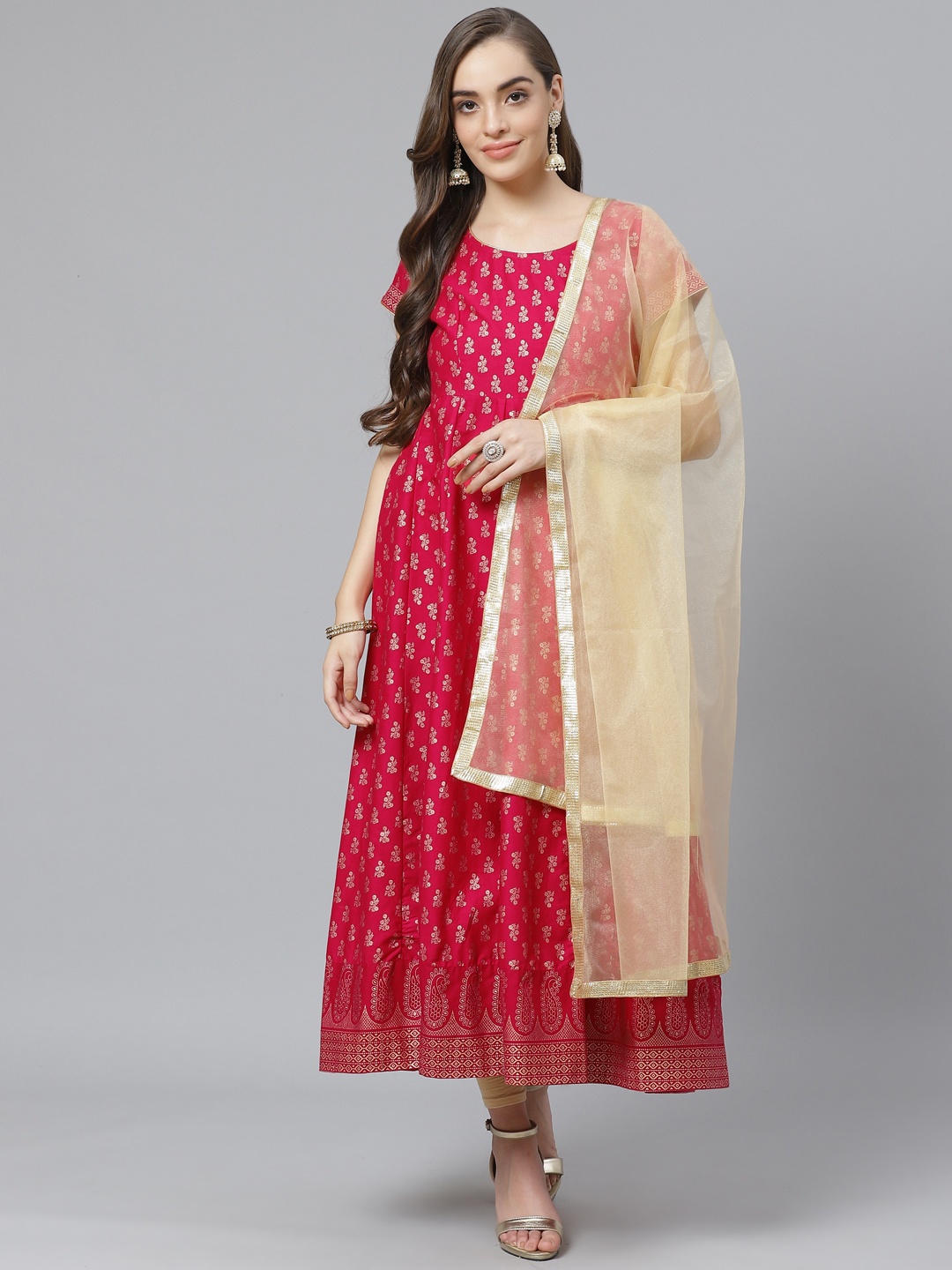 

Poshak Hub Women Pink & Beige Ethnic Motif Print Kurta with Churidar & Dupatta