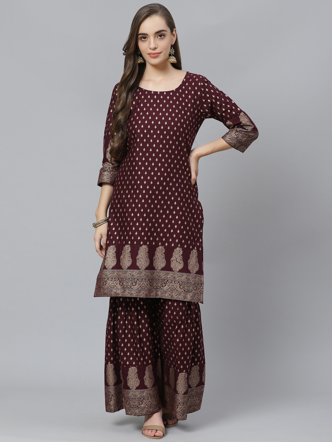 

Poshak Hub Women Aubergine & Golden Cotton Ethnic Motif Print Kurta with Sharara, Purple