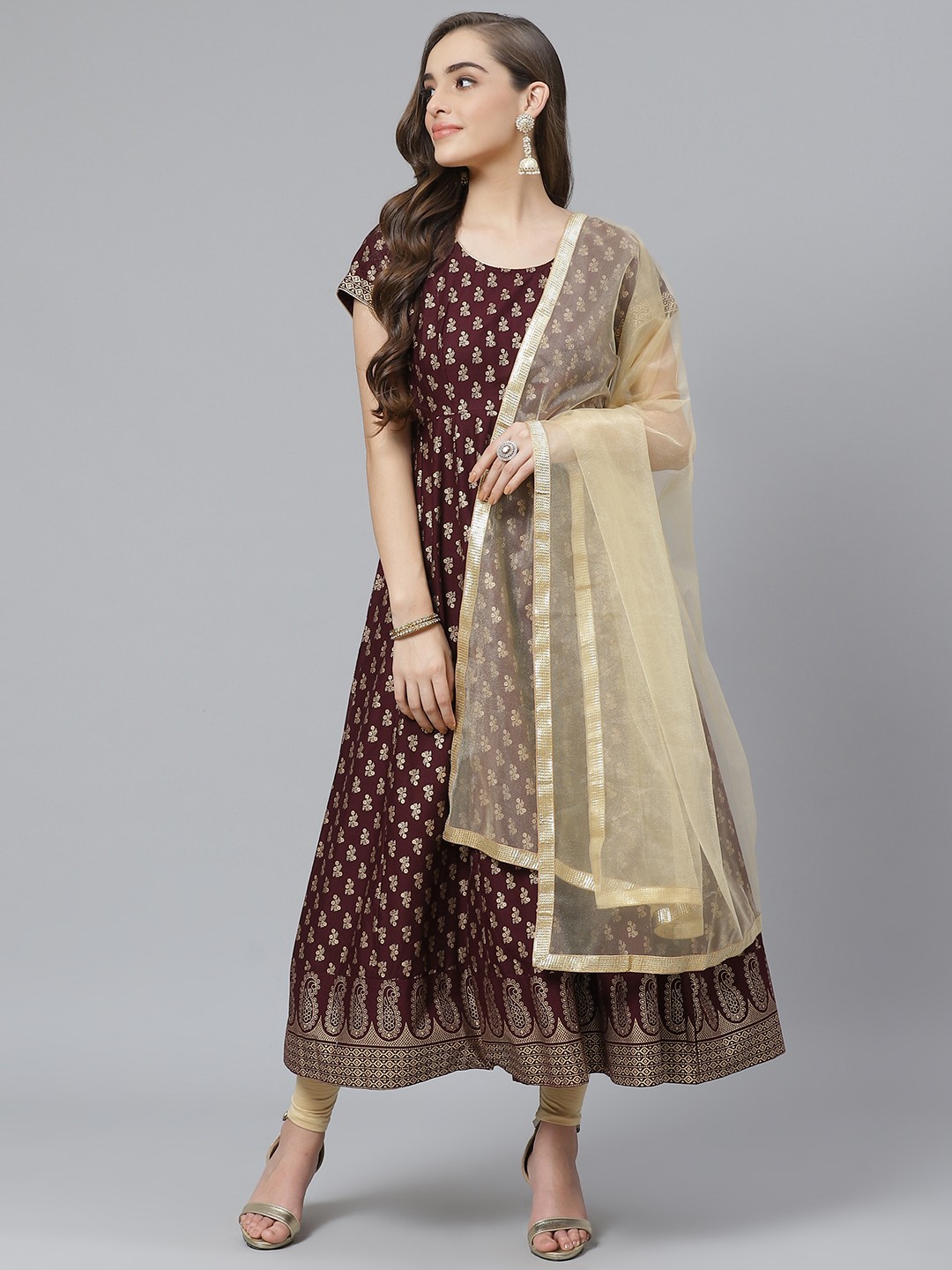 

Poshak Hub Women Aubergine & Beige Ethnic Motif Print Kurta with Churidar & Dupatta, Purple