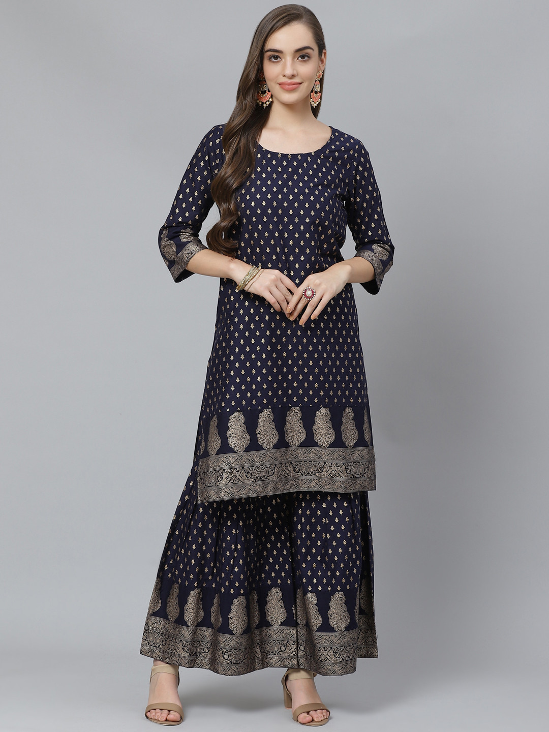 

Poshak Hub Women Navy Blue & Golden Pure Cotton Ethnic Motif Print Kurta with Sharara