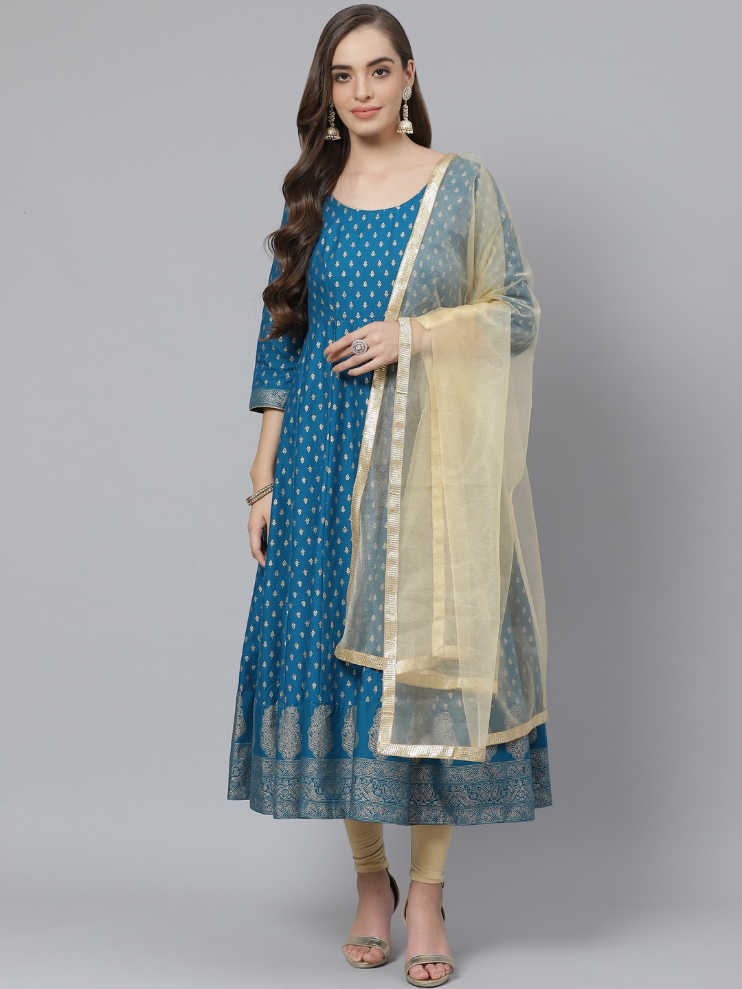 

Poshak Hub Women Blue & Beige Ethnic Motif Print Kurta with Churidar & Dupatta