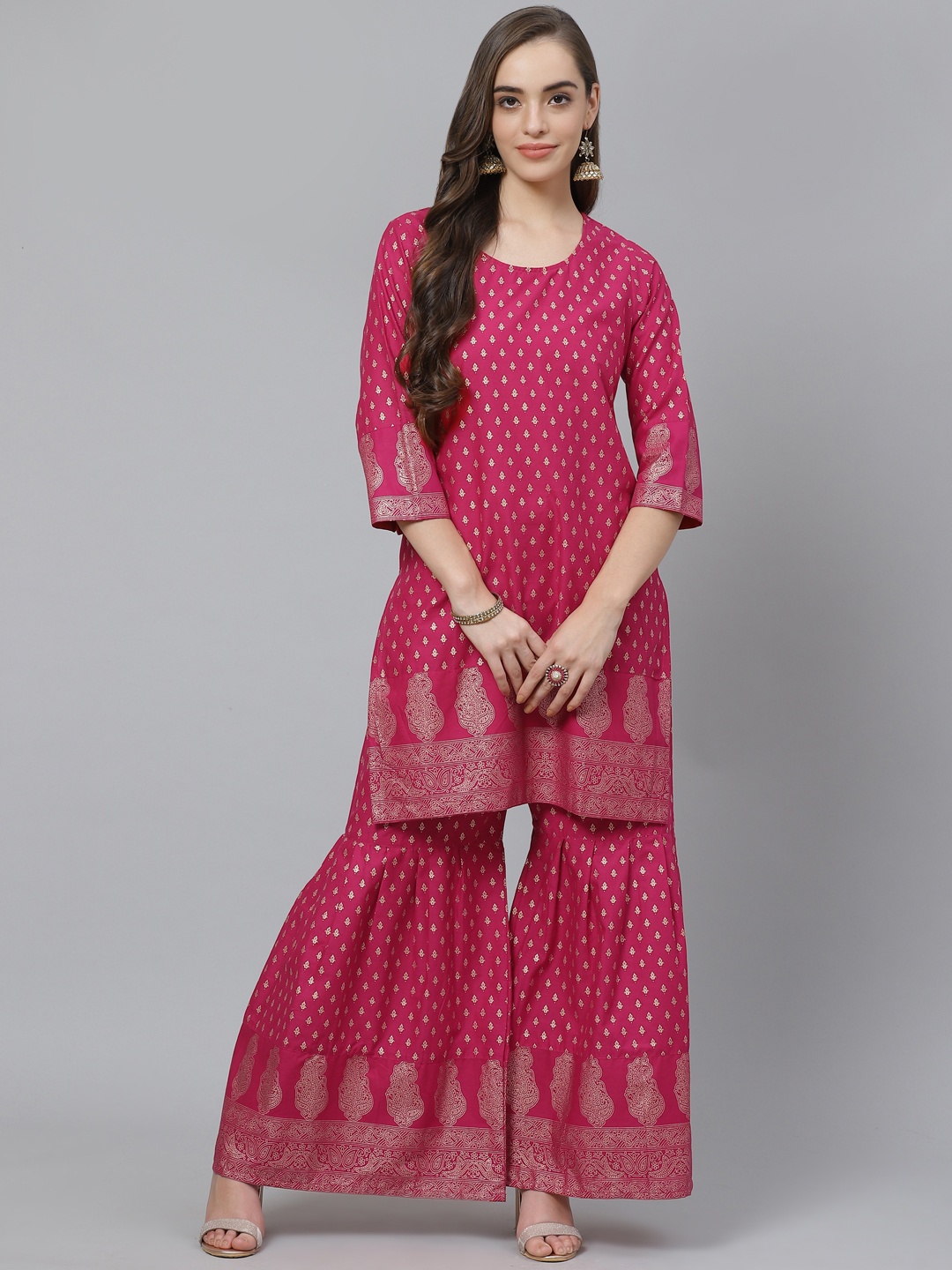 

Poshak Hub Women Pink & Golden Pure Cotton Ethnic Motif Print Kurta with Sharara