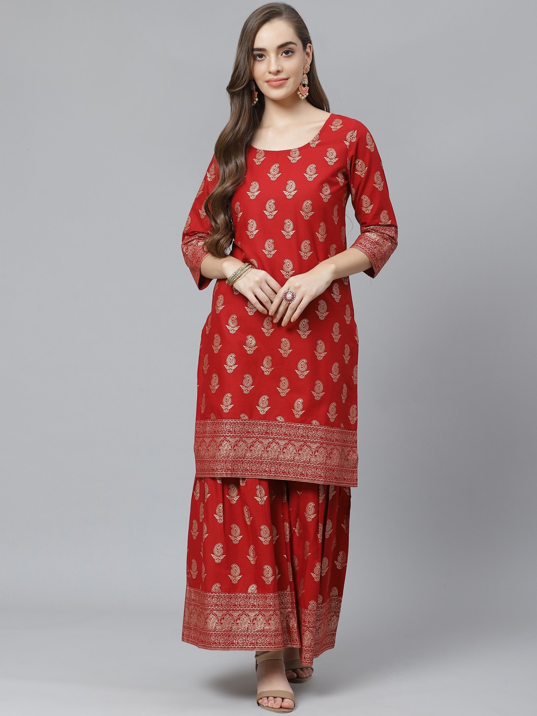 

Poshak Hub Women Maroon & Golden Pure Cotton Paisley Print Kurta with Sharara