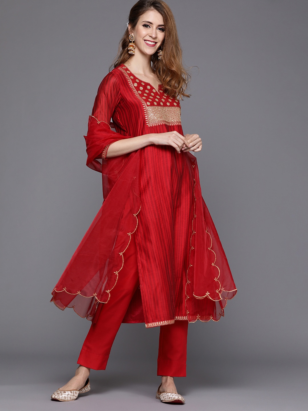 

Inddus Women Red Embroidered Sequinned Kurta with Trousers & Dupatta