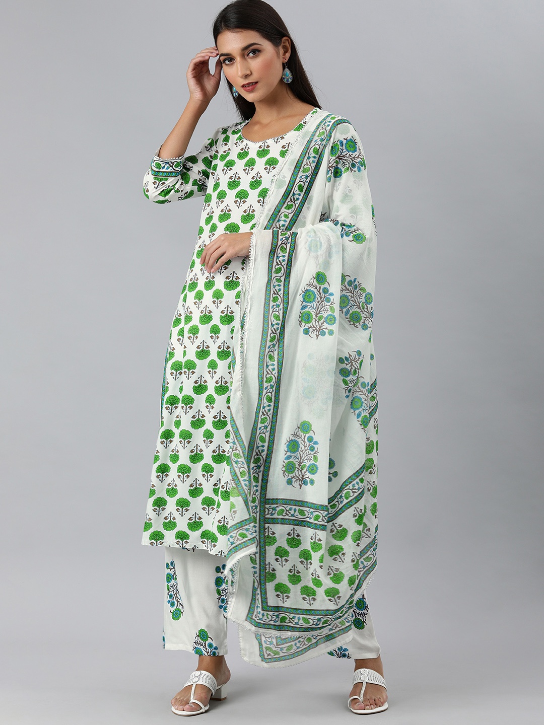 

KALINI Women Green Floral Printed Pure Cotton Kurta with Palazzos & With Dupatta