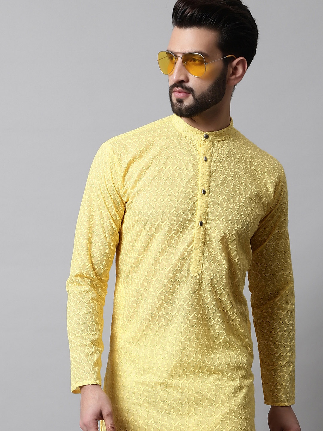 

Jompers Men Yellow Woven Design Thread Work Kurta