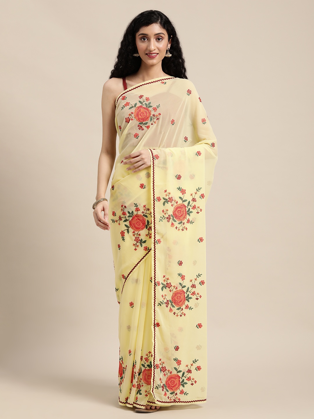 

Shaily Lime Green & Red Embroidered Georgette Saree