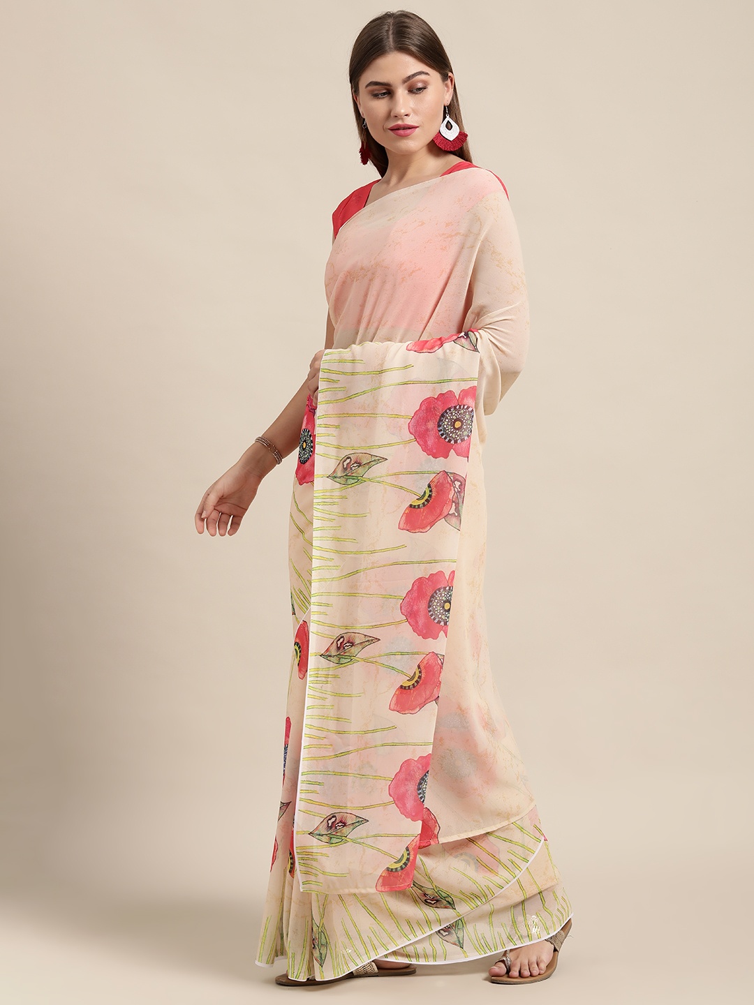 

Shaily Beige & Pink Floral Printed Saree